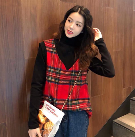 Áo gile len mix đồ với áo thun tay dài