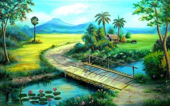 Tranh sơn dầu phong cảnh cánh đồng đẹp